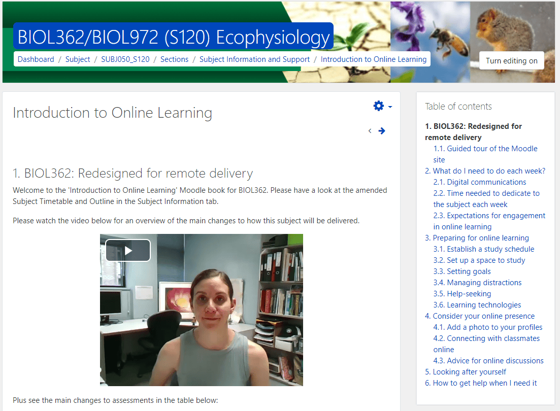 A screenshot of a Moodle Book which contains introductory text along with a welcome video from the subject coordinator presented as an embedded Poodll video